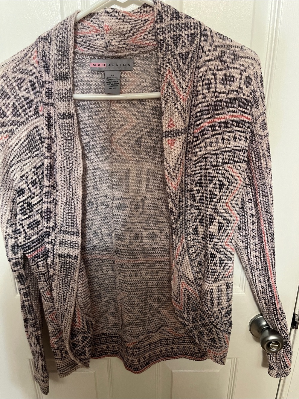Women's Open Front Patterned Cardigan Sweater in Pink and Gray